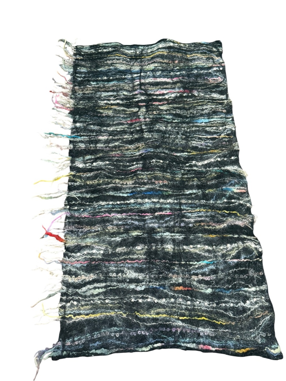 Wool Silk Blend Textured Multi‎ Color Fringe Scarf Black Bohemian